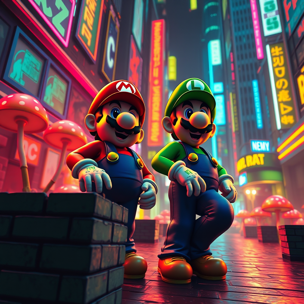 retro futurism mario luigi neon cyberpunk by Free AI Image Generator & Maker - No login required✨ | AIGAZOU
