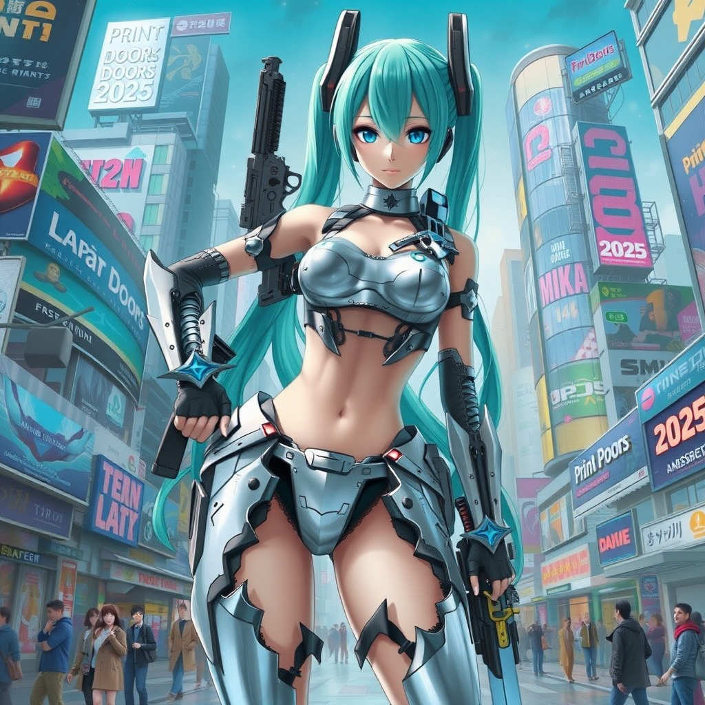 hatsune miku futuristic armor sword gun cityscape by 免费AI图像生成工具 | AIGAZOU
