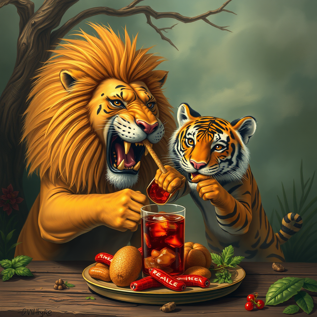 lion and tiger grand feast drinking by Free AI Image Generator & Maker - No login required✨ | AIGAZOU