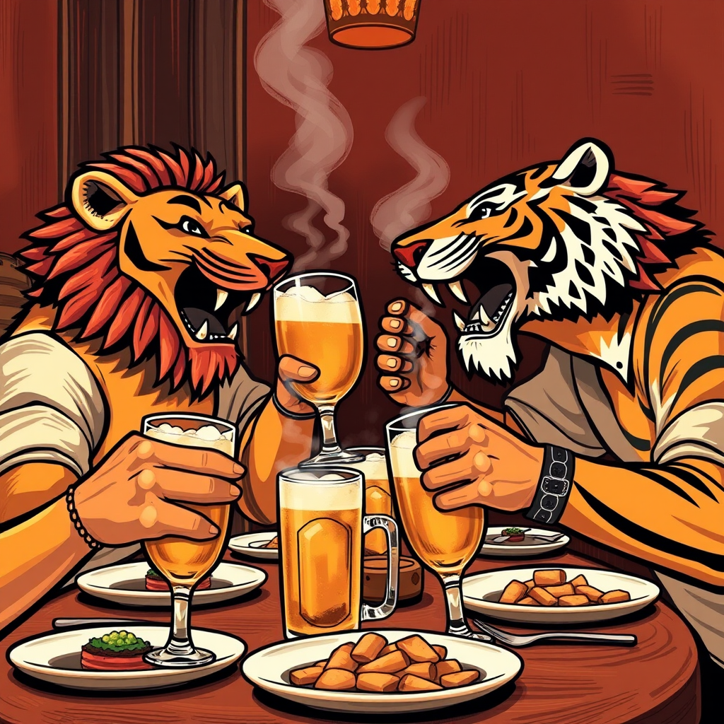lion and tiger grand feast beer toast by Free AI Image Generator & Maker - No login required✨ | AIGAZOU