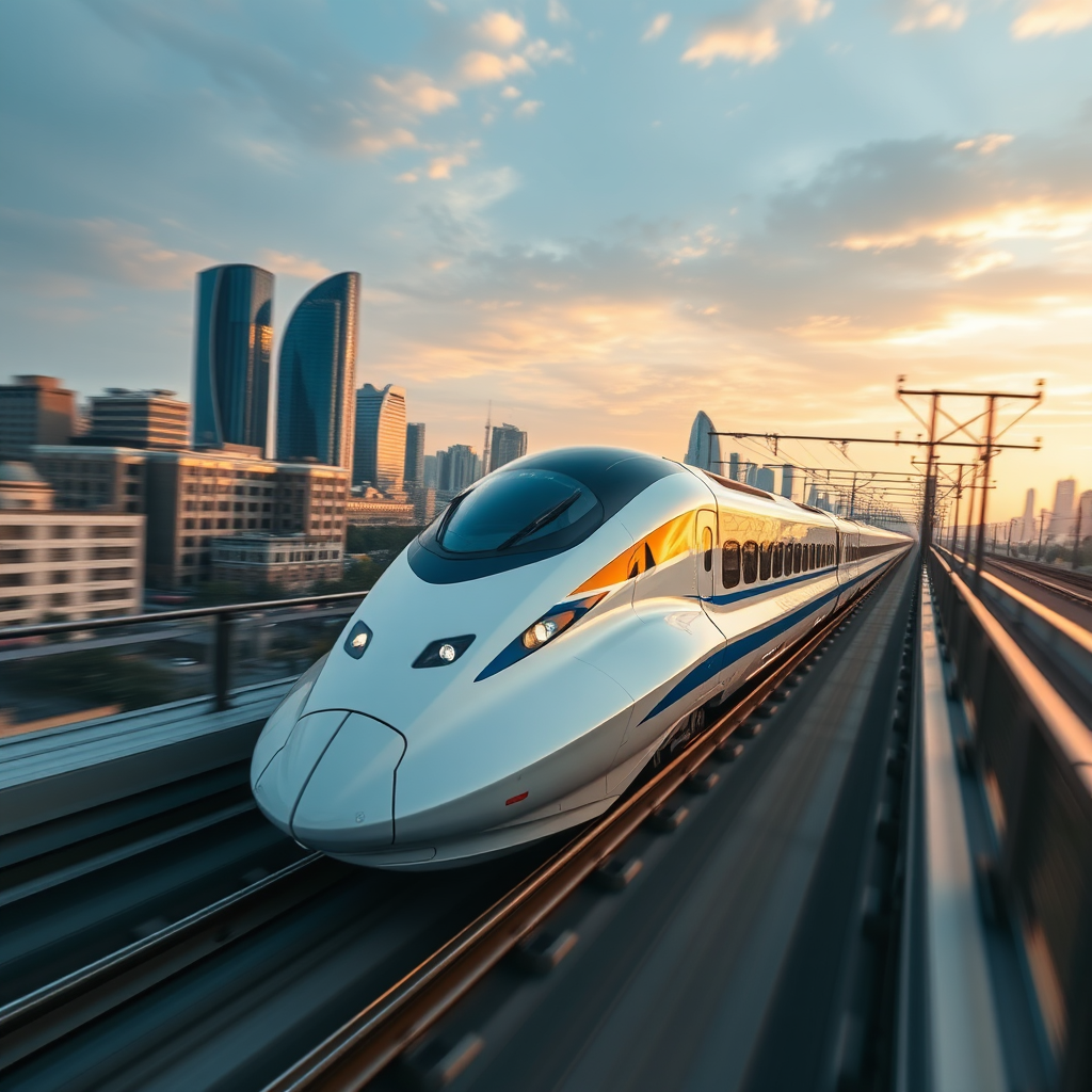 futuristic shinkansen speeding urban skyline by Free AI Image Generator & Maker - No login required✨ | AIGAZOU