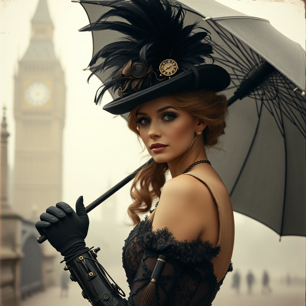 london beauty steampunk hat mechanical arm by Free AI Image Generator & Maker - No login required✨ | AIGAZOU