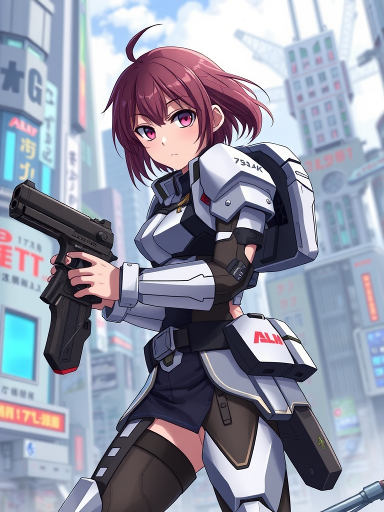 future city armed girl battle pose by Free AI Image Generator & Maker - No login required✨ | AIGAZOU