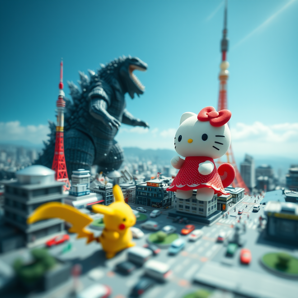 tilt shift tokyo tower hello kitty godzilla pikachu by Free AI Image Generator & Maker - No login required✨ | AIGAZOU