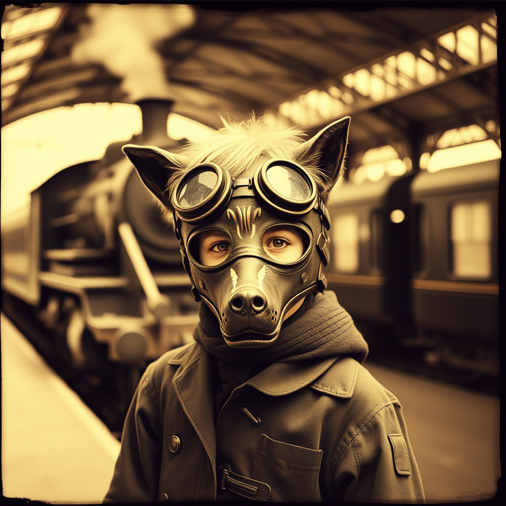 station steam train victorian boy wolf mask by Free AI Image Generator & Maker - No login required✨ | AIGAZOU