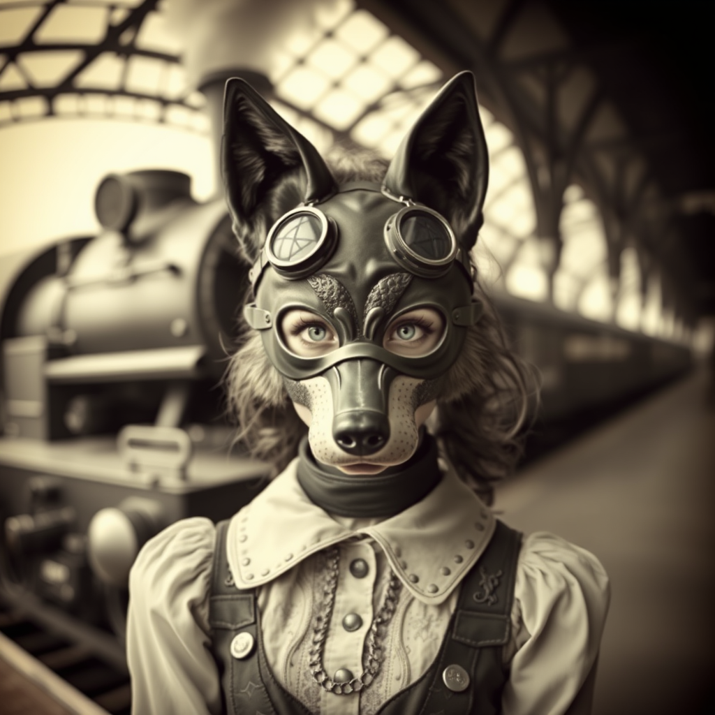station steam train victorian girl wolf mask by Free AI Image Generator & Maker - No login required✨ | AIGAZOU