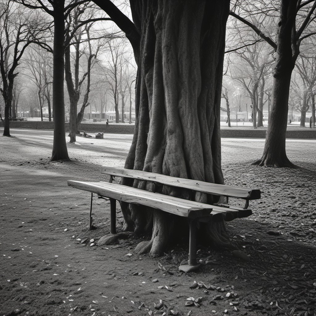 black and white photo tree trunk bench by Free AI Image Generator & Maker - No login required✨ | AIGAZOU