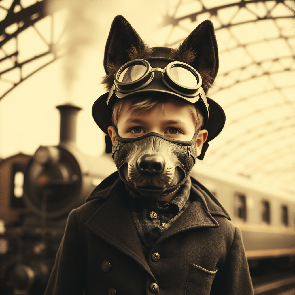 station steam train victorian boy wolf mask by Free AI Image Generator & Maker - No login required✨ | AIGAZOU