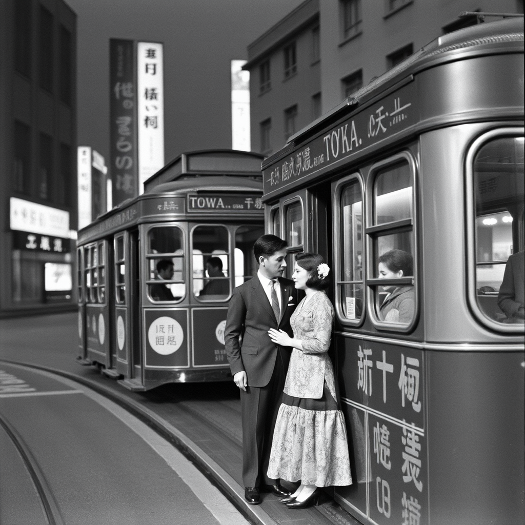 showa tokyo tram japanese couple bw old photo by Free AI Image Generator & Maker - No login required✨ | AIGAZOU