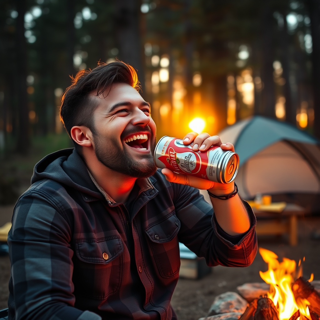 man joyfully chugging beer at campsite by Free AI Image Generator & Maker - No login required✨ | AIGAZOU
