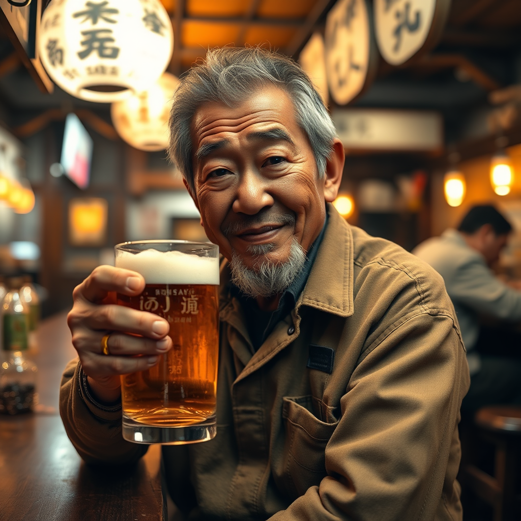 elderly japanese carpenter holding beer by Free AI Image Generator & Maker - No login required✨ | AIGAZOU