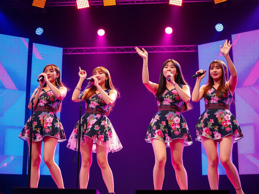 stage background four idol group singing by Free AI Image Generator & Maker - No login required✨ | AIGAZOU