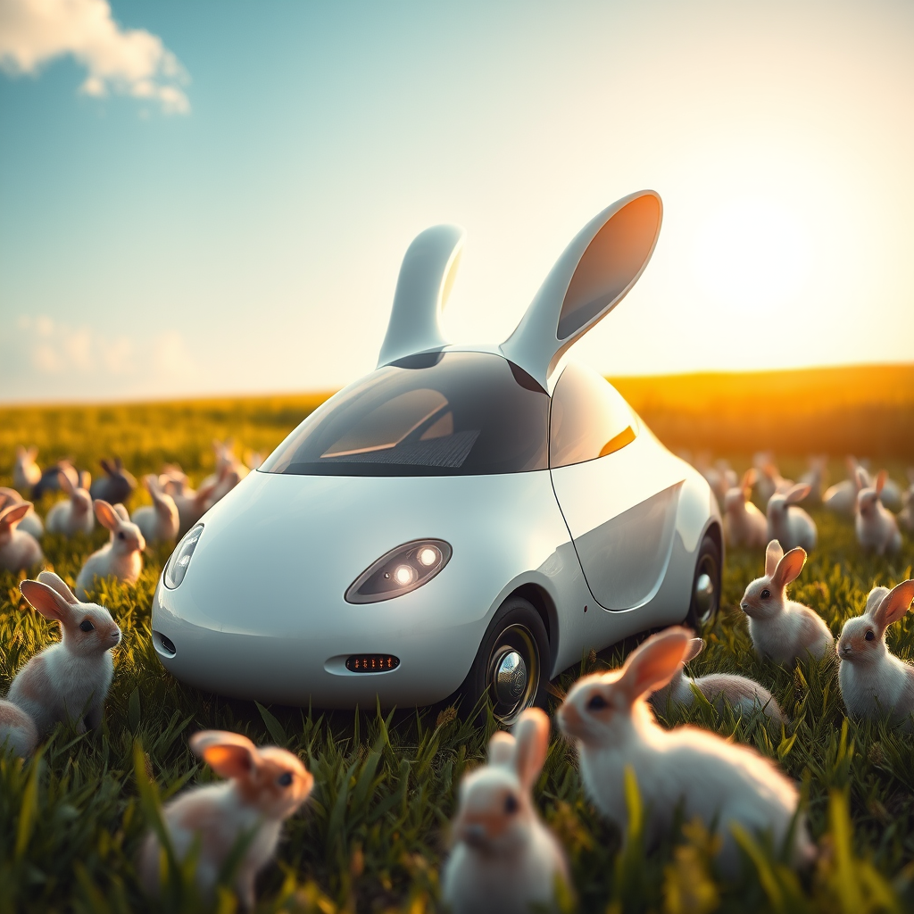 sleek white rabbit solar car meadow by Free AI Image Generator & Maker - No login required✨ | AIGAZOU