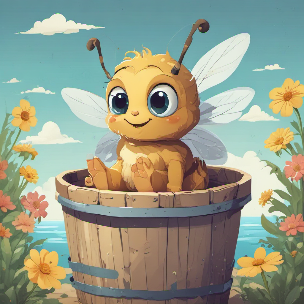 cartoon bee in wooden bucket by Free AI Image Generator & Maker - No login required✨ | AIGAZOU