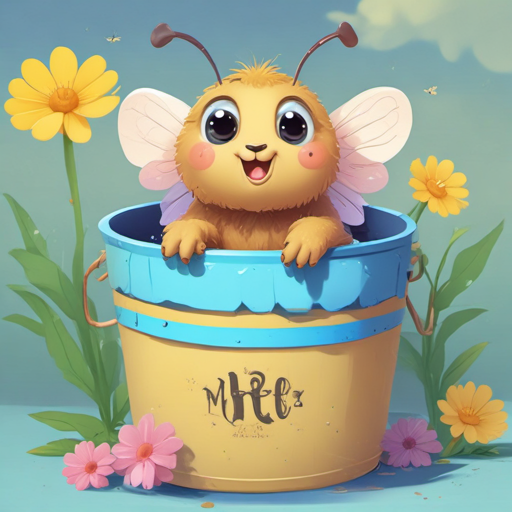 cartoon bee in wooden bucket by Free AI Image Generator & Maker - No login required✨ | AIGAZOU