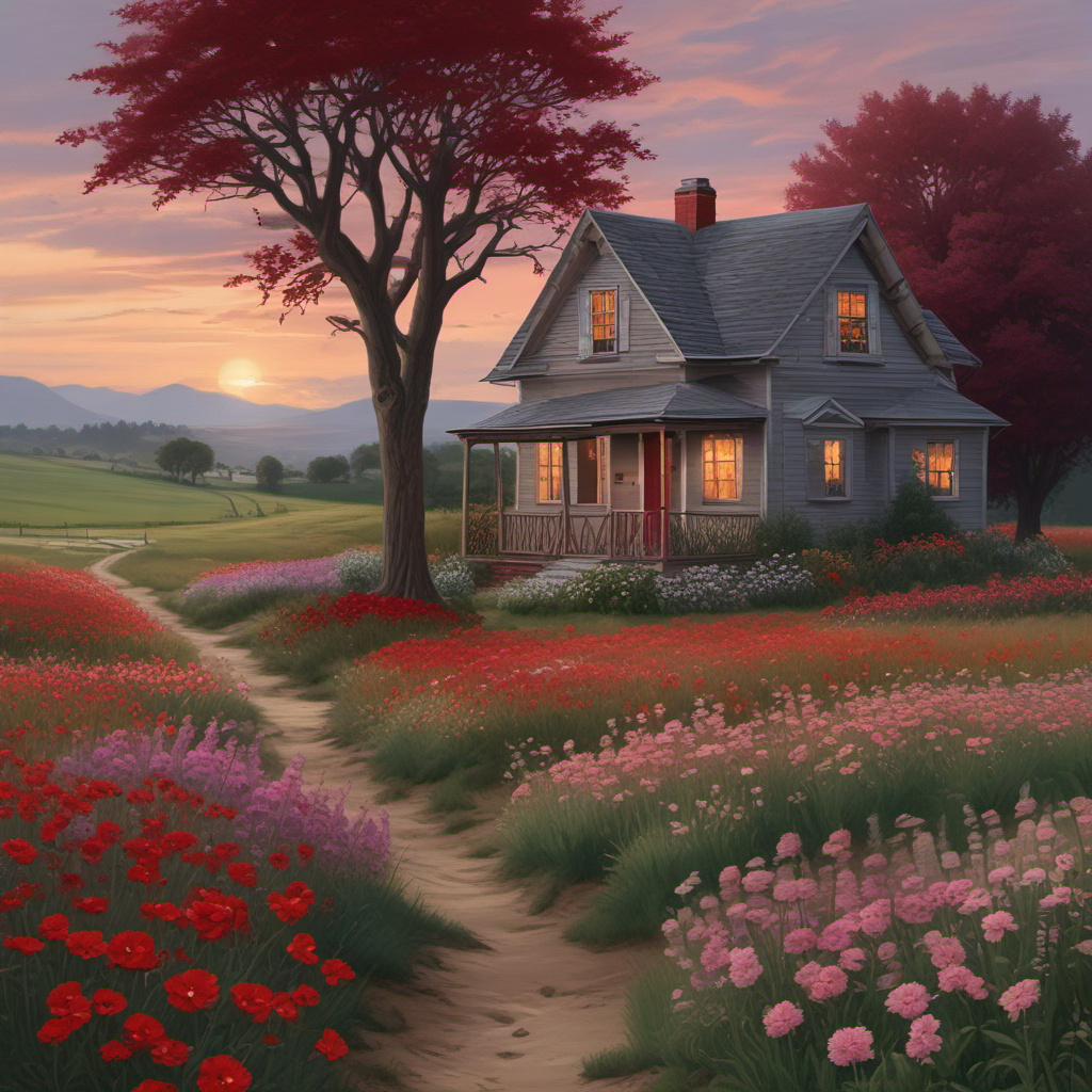 rustic wooden house in crimson field by Free AI Image Generator & Maker - No login required✨ | AIGAZOU