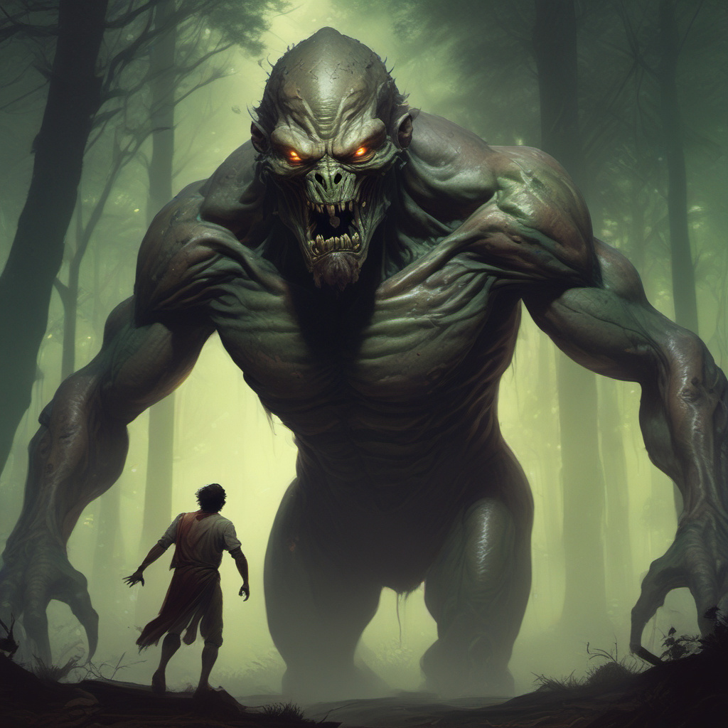 man terrified by insectoid creature in forest by Free AI Image Generator & Maker - No login required✨ | AIGAZOU