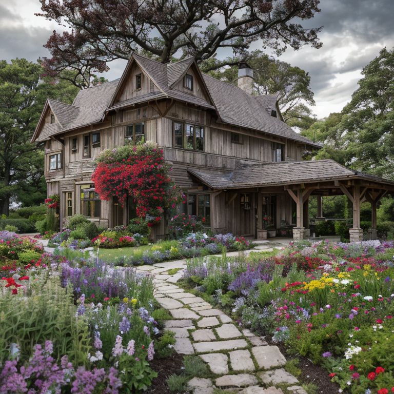 rustic wooden house crimson flowers by Free AI Image Generator & Maker - No login required✨ | AIGAZOU