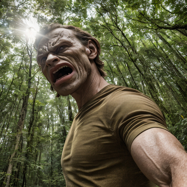 man terrified by insectoid creature in forest by Free AI Image Generator & Maker - No login required✨ | AIGAZOU