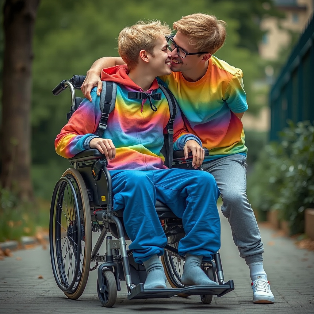 skinny cute boys in wheelchair hugging by Free AI Image Generator & Maker - No login required✨ | AIGAZOU