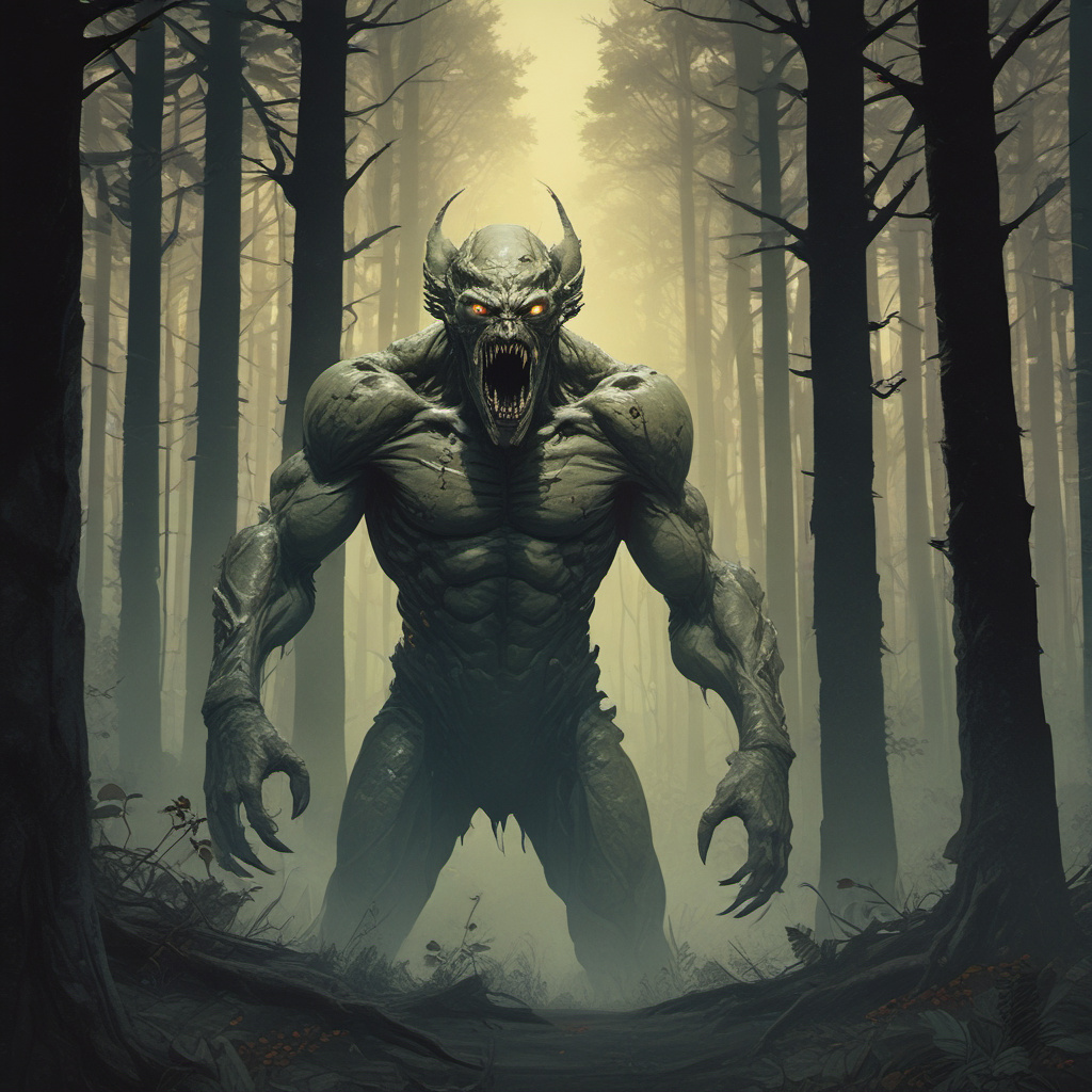 man terrified by insectoid creature in forest by Free AI Image Generator & Maker - No login required✨ | AIGAZOU