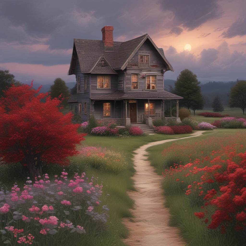 rustic wooden house in crimson field by Free AI Image Generator & Maker - No login required✨ | AIGAZOU