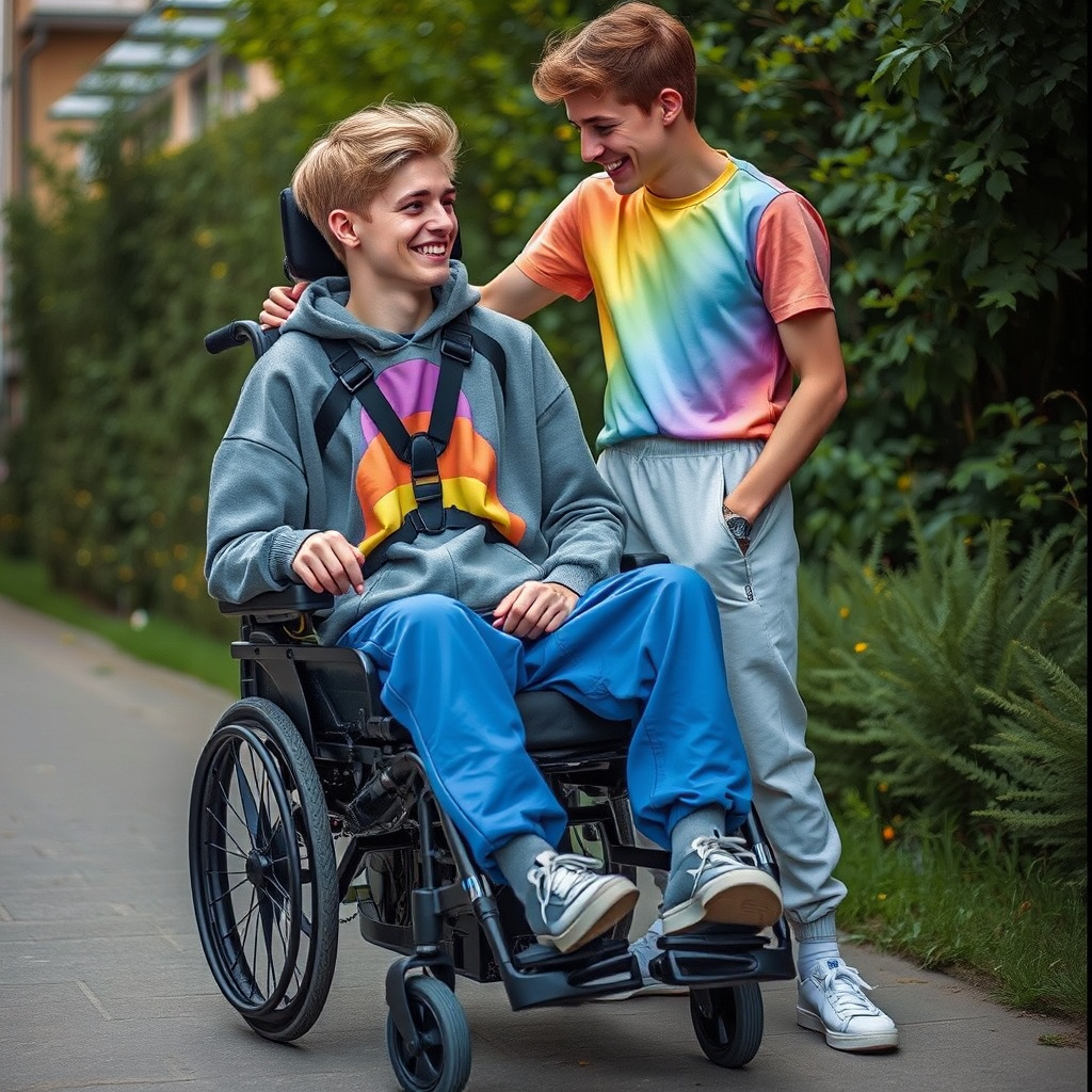 skinny blond boys in wheelchair hugging by Free AI Image Generator & Maker - No login required✨ | AIGAZOU