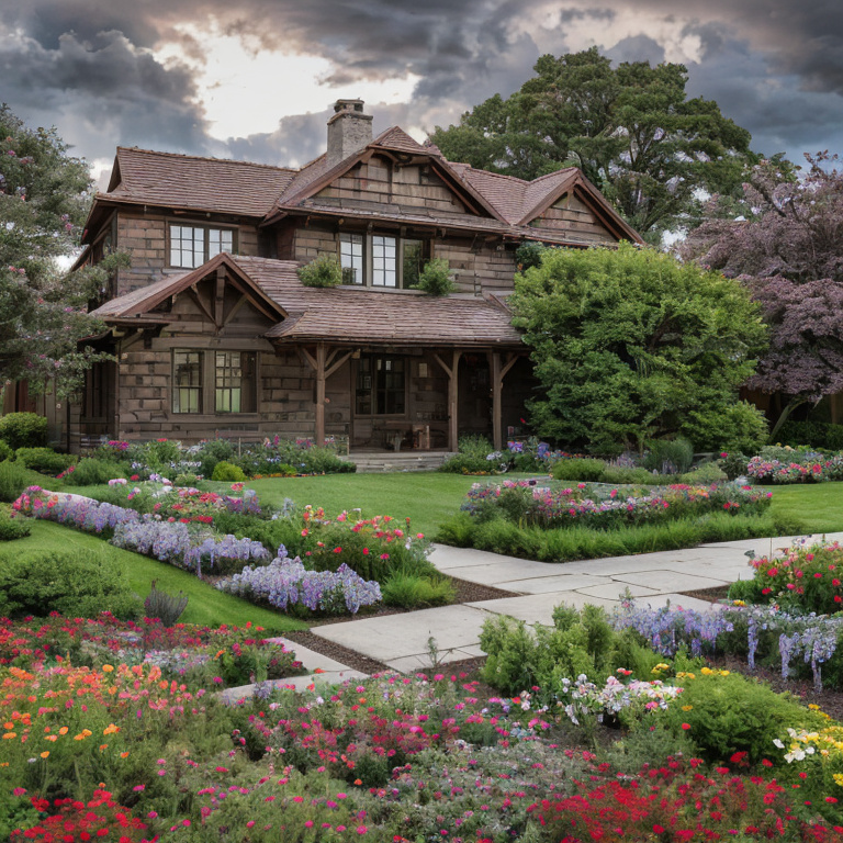 rustic house crimson flowers dramatic sky by Free AI Image Generator & Maker - No login required✨ | AIGAZOU