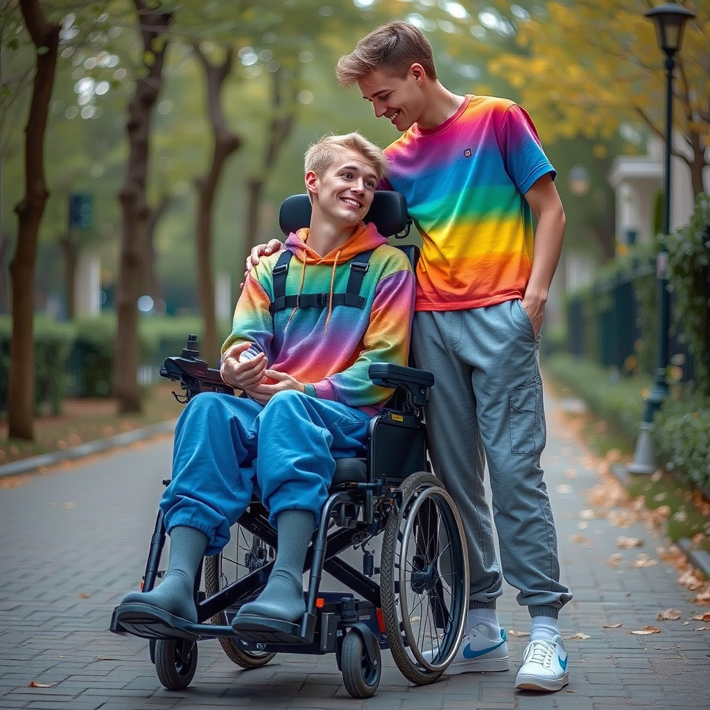 skinny blond boys in wheelchair hugging by Free AI Image Generator & Maker - No login required✨ | AIGAZOU