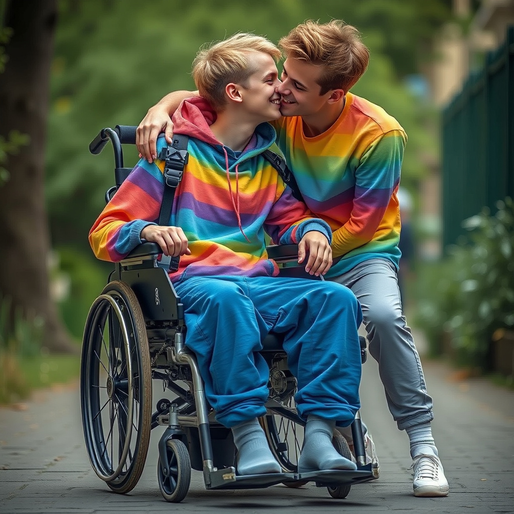 skinny cute boys in wheelchair hugging by Free AI Image Generator & Maker - No login required✨ | AIGAZOU
