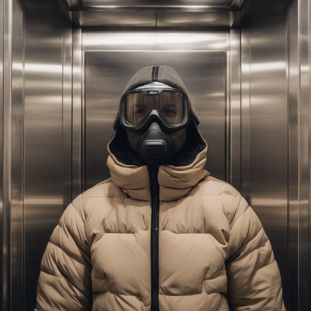 person in beige padded jacket in elevator with black goggle mask by मुफ्त एआई छवि जनरेटर - बिना लॉगिन के✨ | AIGAZOU