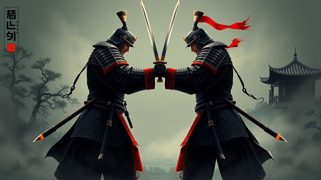 korean warriors standoff traditional armor swords misty landscape hanok pine trees by Free AI Image Generator & Maker - No login required✨ | AIGAZOU