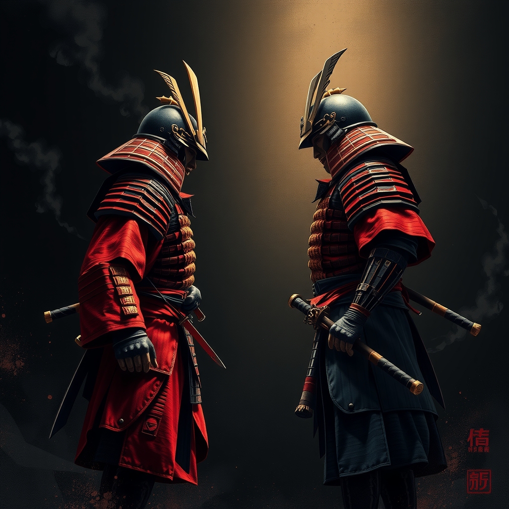 two samurai warriors tense confrontation japanese woodblock print style by Free AI Image Generator & Maker - No login required✨ | AIGAZOU