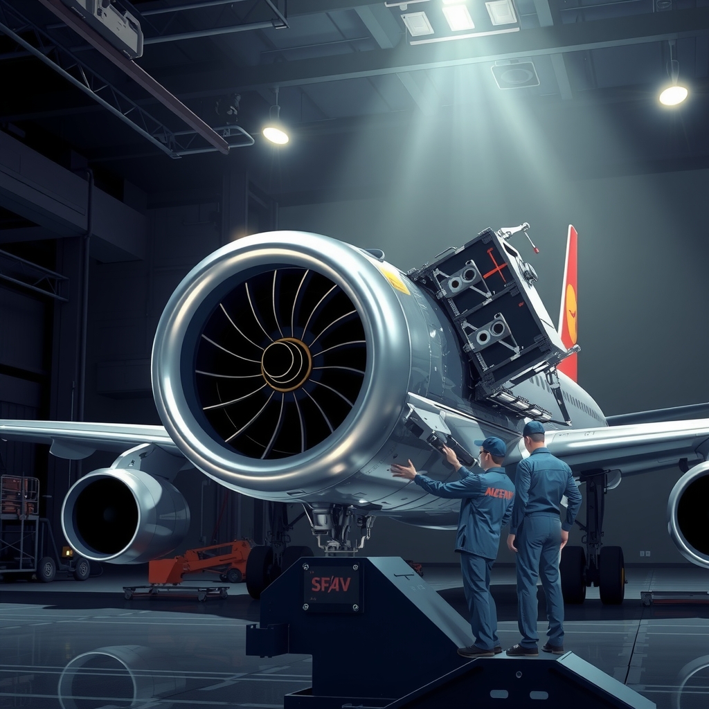 a320 aircraft maintenance scene dark hangar spotlight by Free AI Image Generator & Maker - No login required✨ | AIGAZOU
