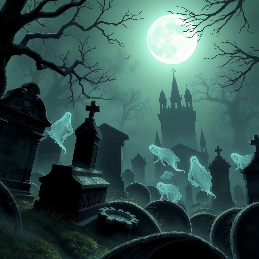 spooky halloween gothic cemetery full moon ghosts by Free AI Image Generator & Maker - No login required✨ | AIGAZOU