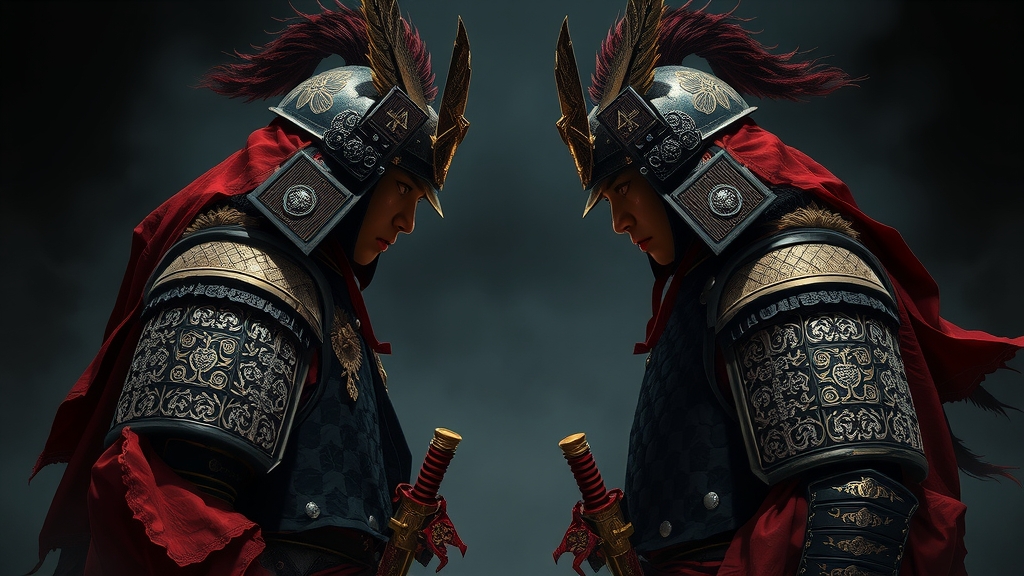 korean warriors standoff dark moody background dramatic lighting by Free AI Image Generator & Maker - No login required✨ | AIGAZOU