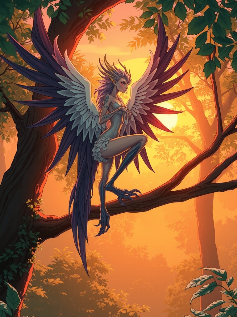 harpy bird legs wings tree branch sunset lush forest golden light japanese animation vibrant colors smooth lines by Free AI Image Generator & Maker - No login required✨ | AIGAZOU