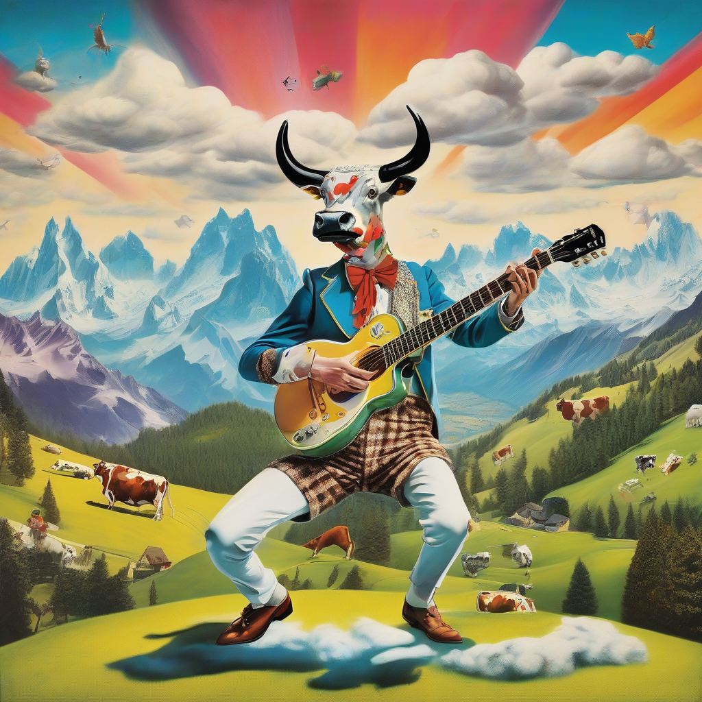 surreal austro pop album cover with lederhosen electric guitar alps flying cows by Free AI Image Generator & Maker - No login required✨ | AIGAZOU