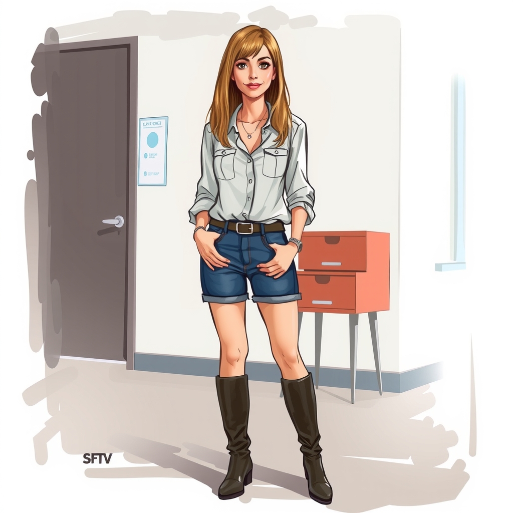 middle age woman glamorous straight hair button down shirt mini jeans shorts boots office background acrylic painting sketch by Free AI Image Generator & Maker - No login required✨ | AIGAZOU