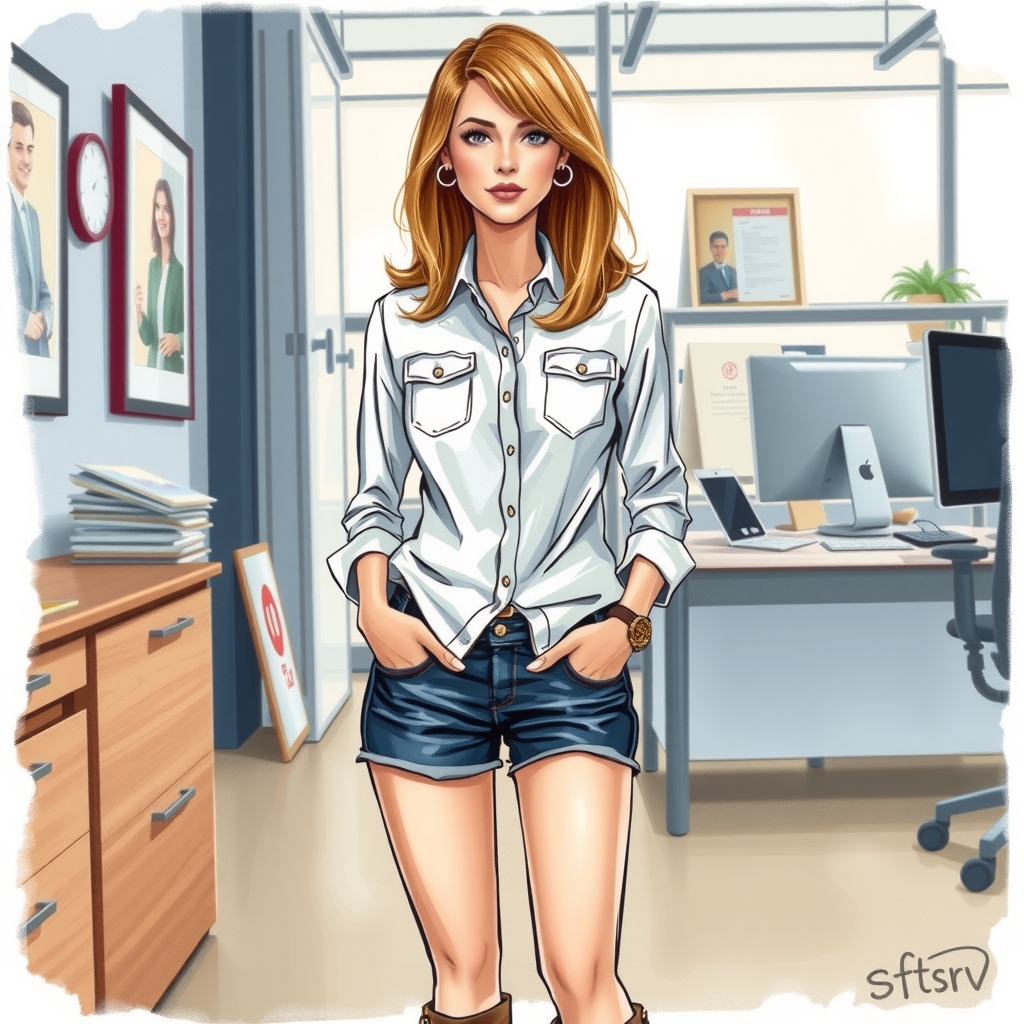 middle age woman glamorous straight hair button down shirt mini jeans shorts boots office background oil pastel painting sketch by Free AI Image Generator & Maker - No login required✨ | AIGAZOU