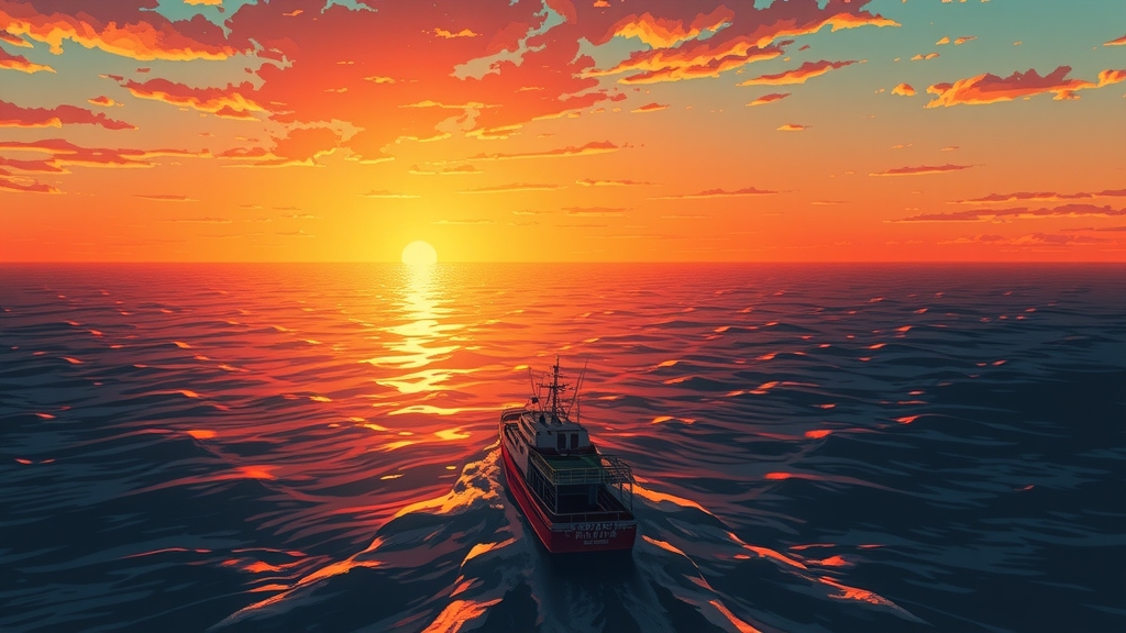 fishing boat sailing under sunset in makoto shinkai style by Free AI Image Generator & Maker - No login required✨ | AIGAZOU