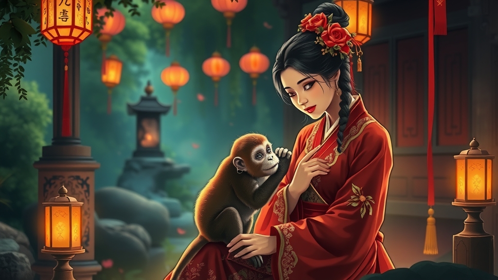 east asian woman monkey mystical garden traditional art by Free AI Image Generator & Maker - No login required✨ | AIGAZOU