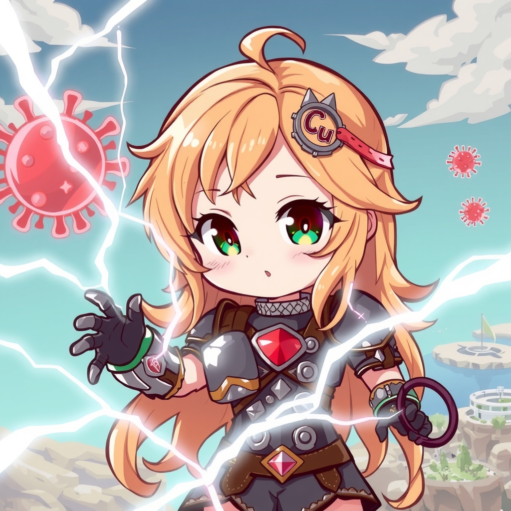 girl fighting virus electricity red emerald green eyes wavy blonde hair copper tips cyprus background copper armor cu hairpin chibi by Free AI Image Generator & Maker - No login required✨ | AIGAZOU