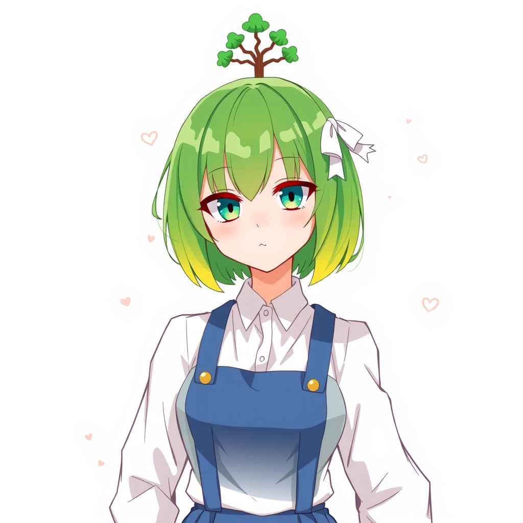 green short hair yellow green gradient blue green eyes white ribbon blue skirt by Free AI Image Generator & Maker - No login required✨ | AIGAZOU