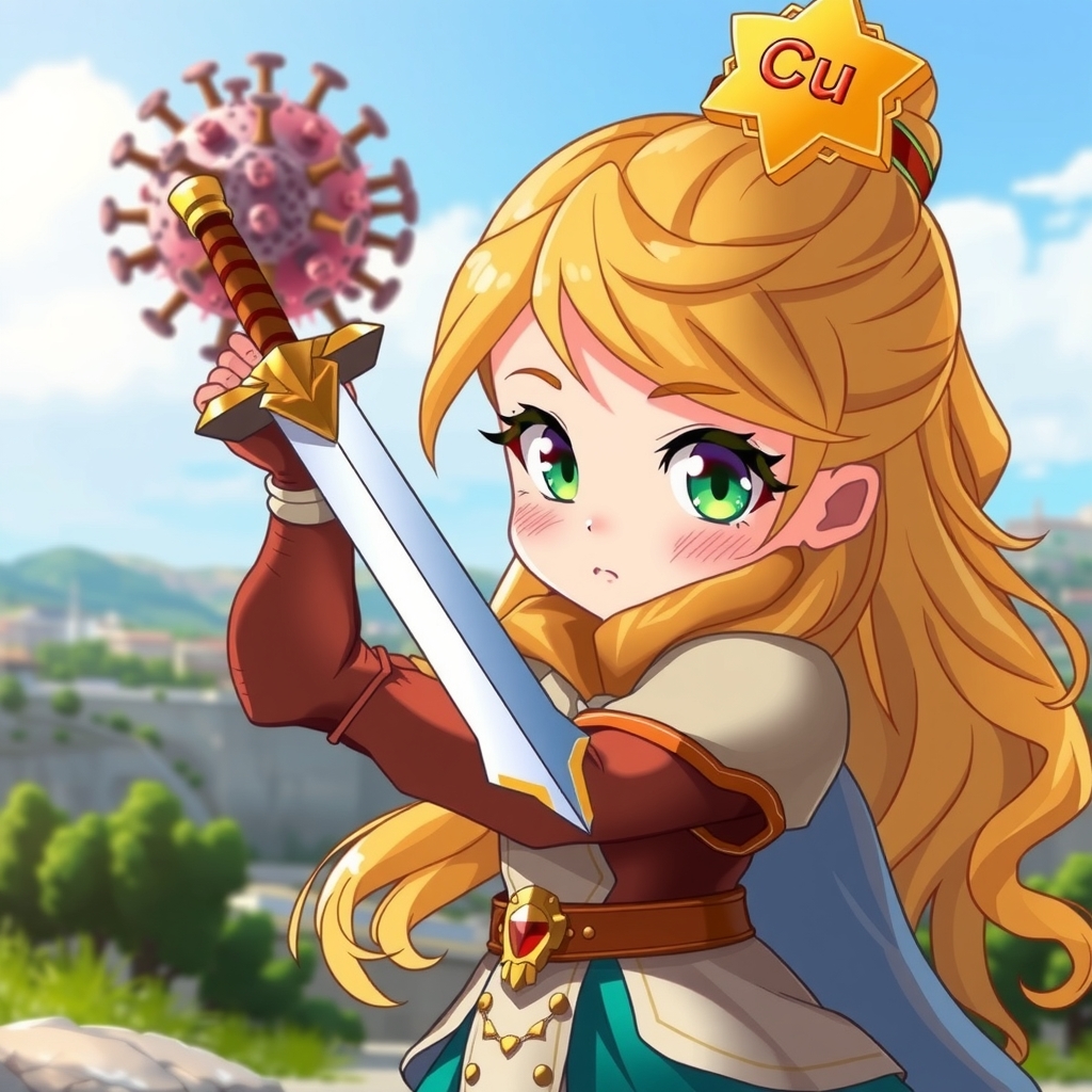 girl with copper armor defeating virus gradient eyes wavy blonde hair star hairpin cu cyprus background by 免費AI圖像生成工具 AI製圖 | AIGAZOU
