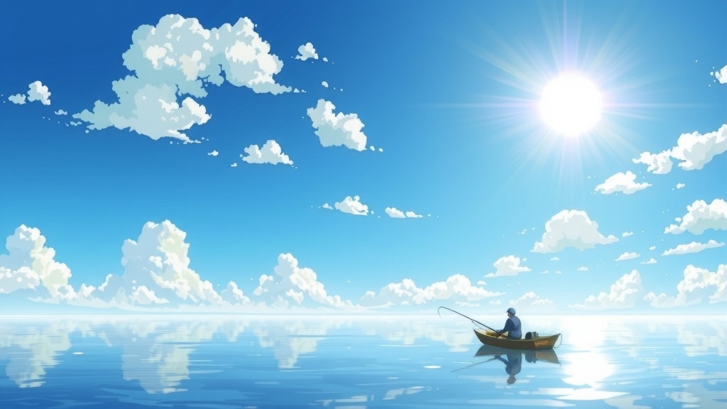 serene fishing scene bright sunlight makoto shinkai style by Free AI Image Generator & Maker - No login required✨ | AIGAZOU