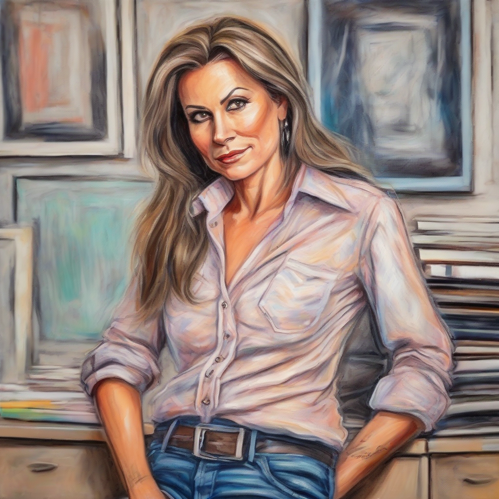 middle aged woman glamorous straight hair button down shirt mini jeans shorts boots office background oil pastel painting sketch by Free AI Image Generator & Maker - No login required✨ | AIGAZOU