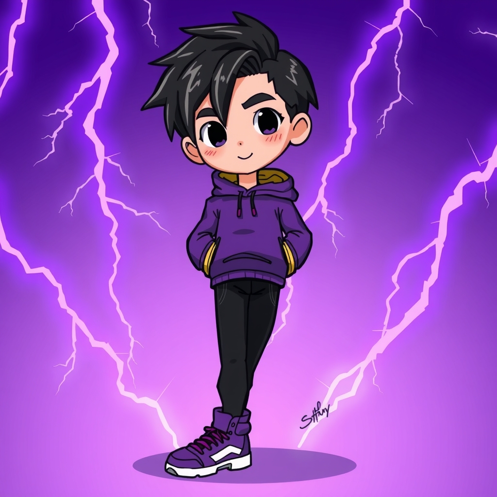 black haired boy in purple hoodie black pants purple shoes purple lightning background by Free AI Image Generator & Maker - No login required✨ | AIGAZOU