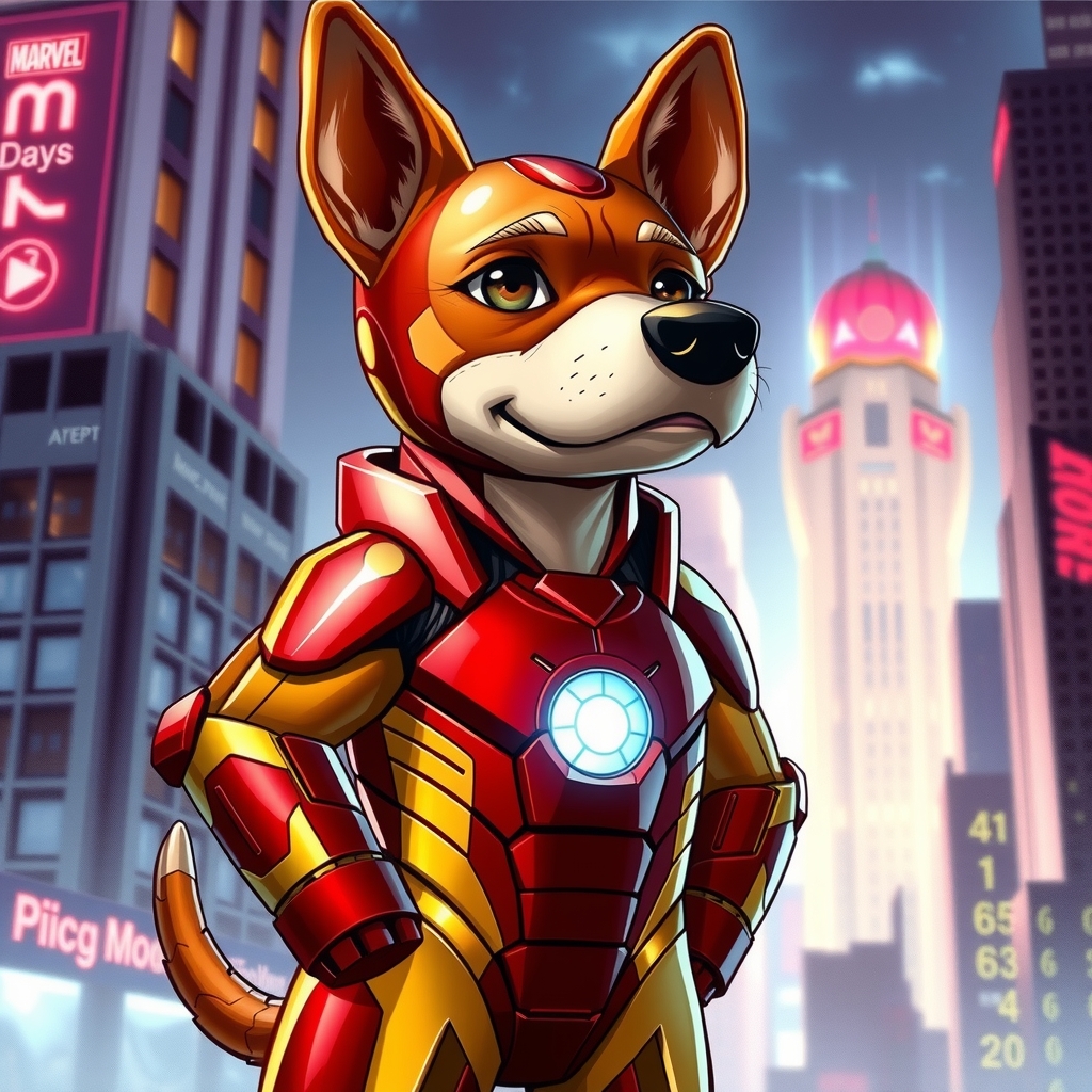 dog in iron man suit dynamic pose futuristic cityscape by Free AI Image Generator & Maker - No login required✨ | AIGAZOU