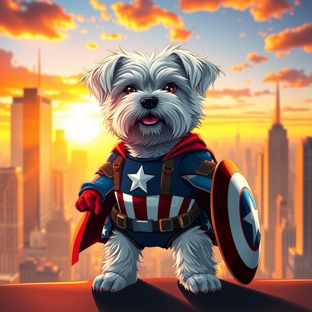 maltese dog as captain america in cityscape by Free AI Image Generator & Maker - No login required✨ | AIGAZOU